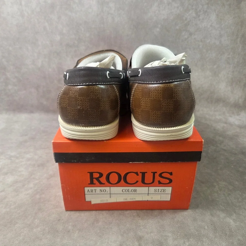 Rocus Mens Boat Shoes Dark Brown Checkered Slip On Loafers Size 9 Art 3012